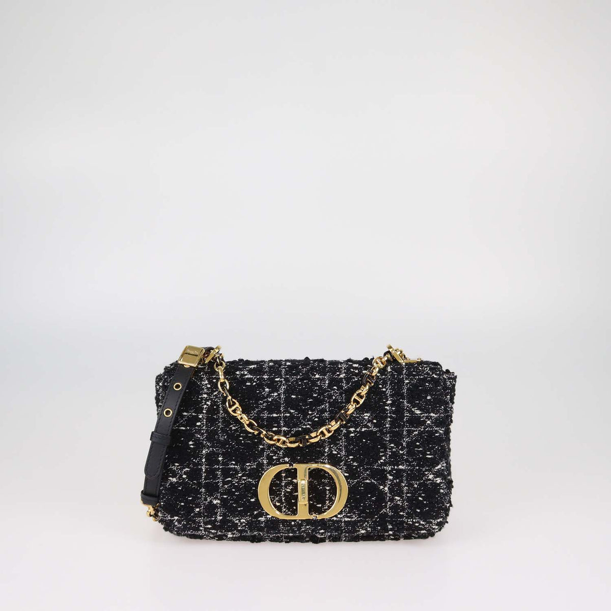 Christian Dior Black,White Macrocannage Tweed Medium Caro Shoulder Bag