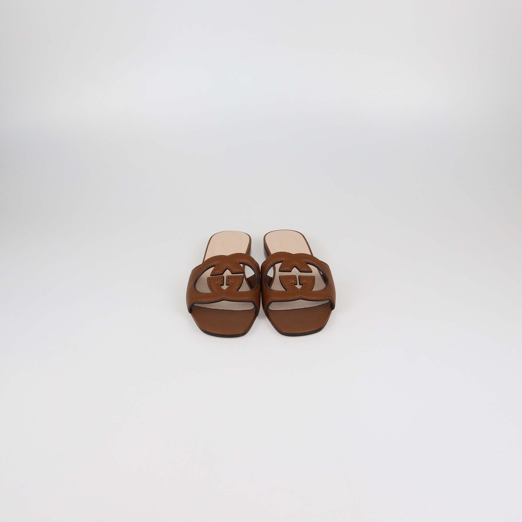 Gucci Brown Leather Interlocking G Cut Out Flat Slides