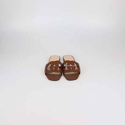 Gucci Brown Leather Interlocking G Cut Out Flat Slides