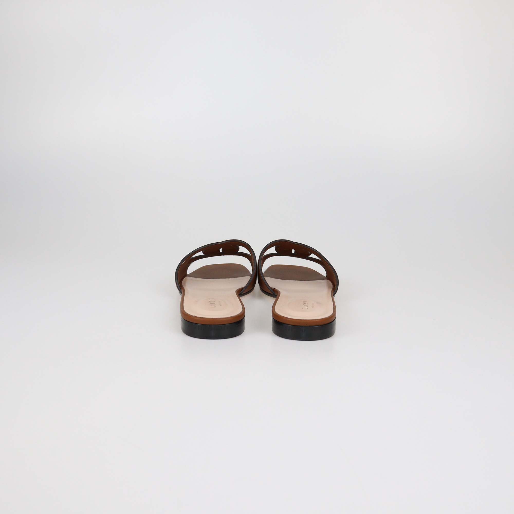 Gucci Brown Leather Interlocking G Cut Out Flat Slides