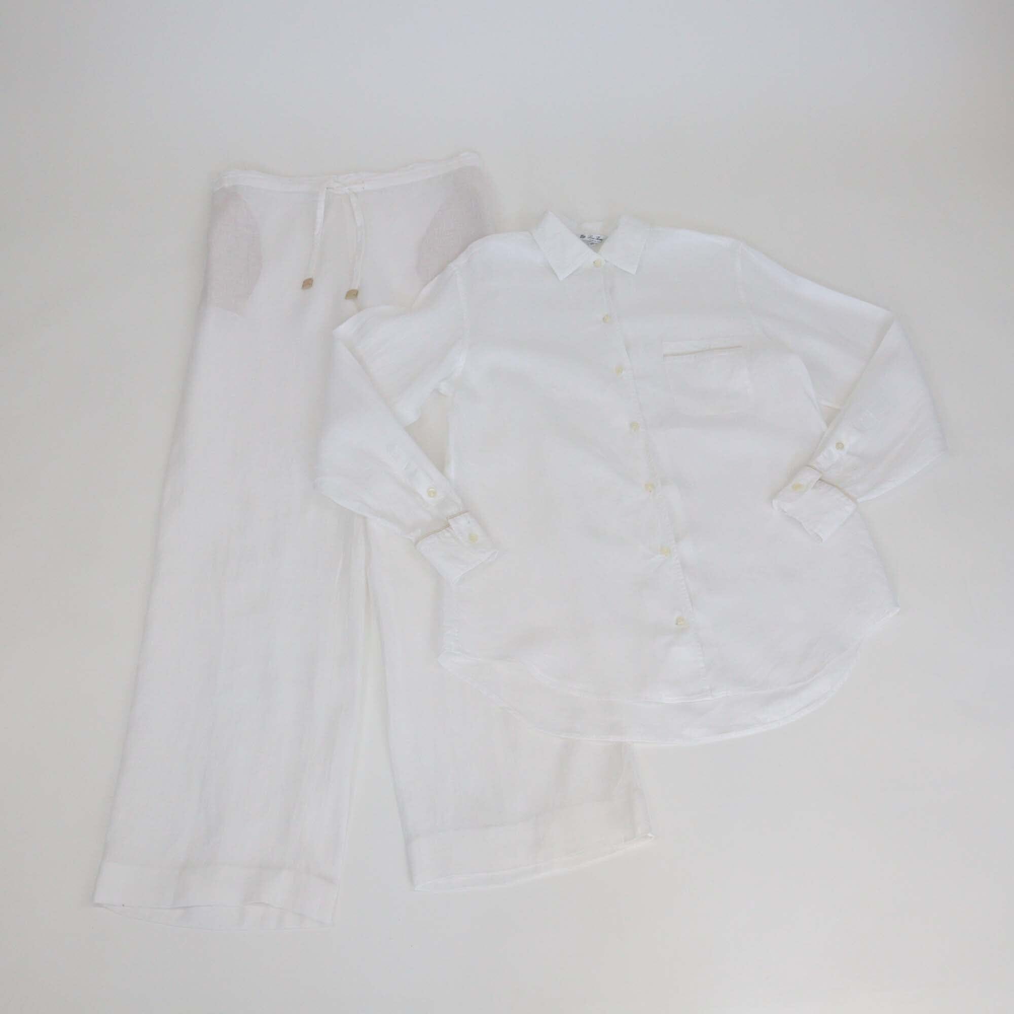 Loro Piana White Linen Pajama Long Sleeve Shirt & Pants Set Womens Loro Piana 