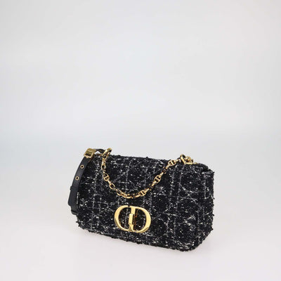 Christian Dior Black,White Macrocannage Tweed Medium Caro Shoulder Bag