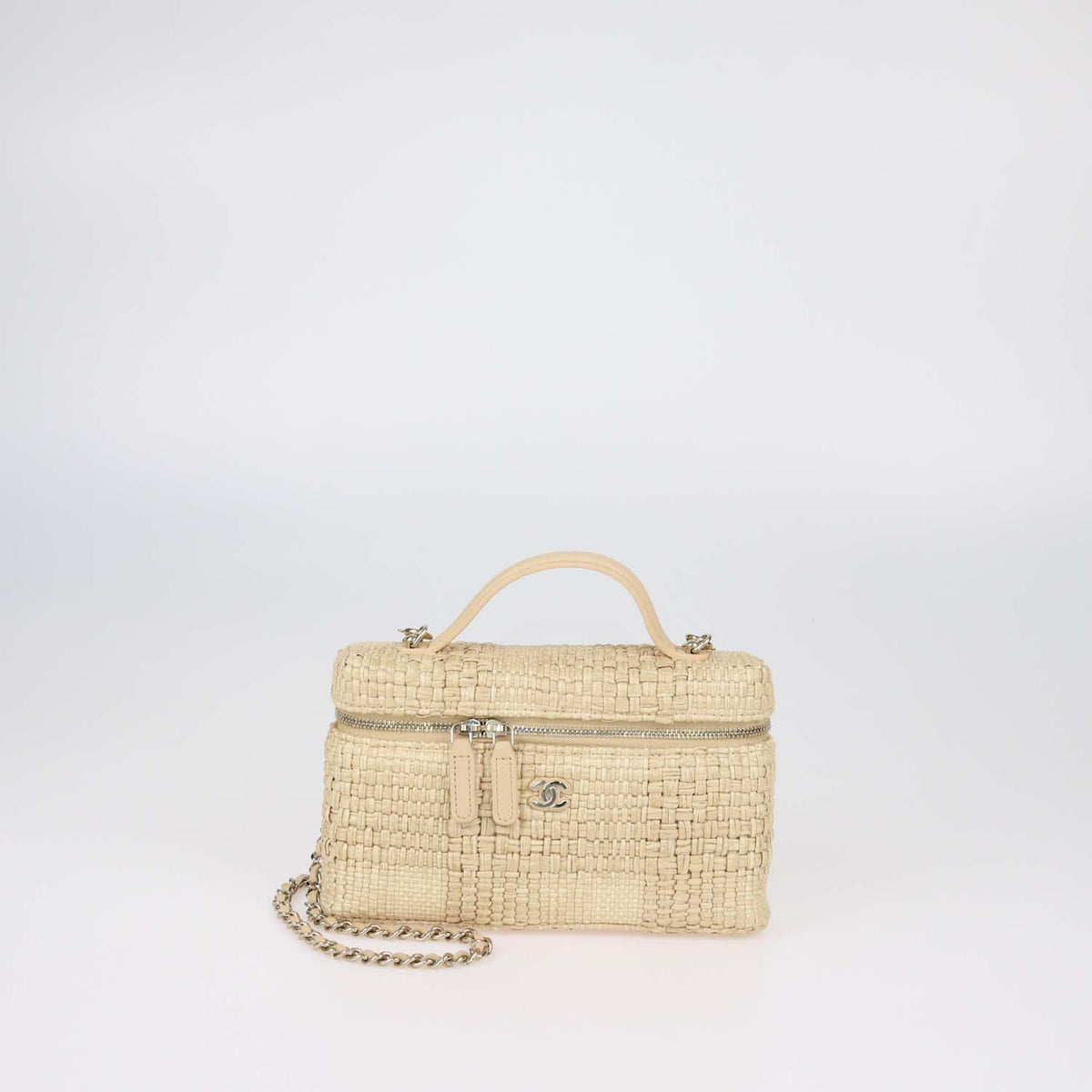 Chanel Beige Raffia Slim Vanity Case w/ Chain
