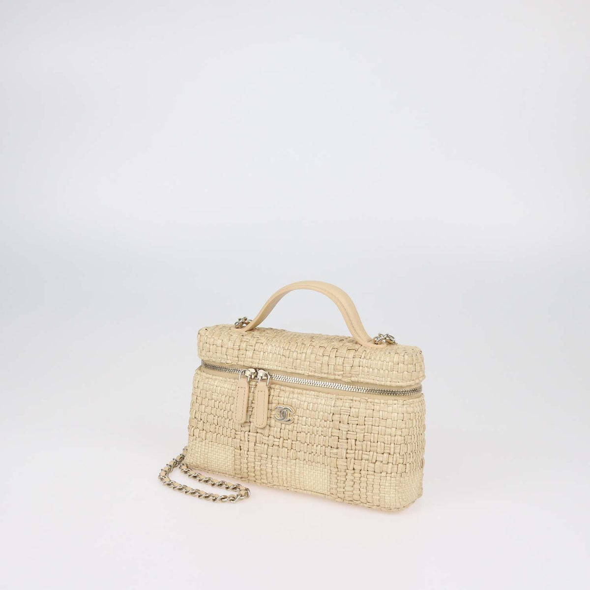 Chanel Beige Raffia Slim Vanity Case w/ Chain