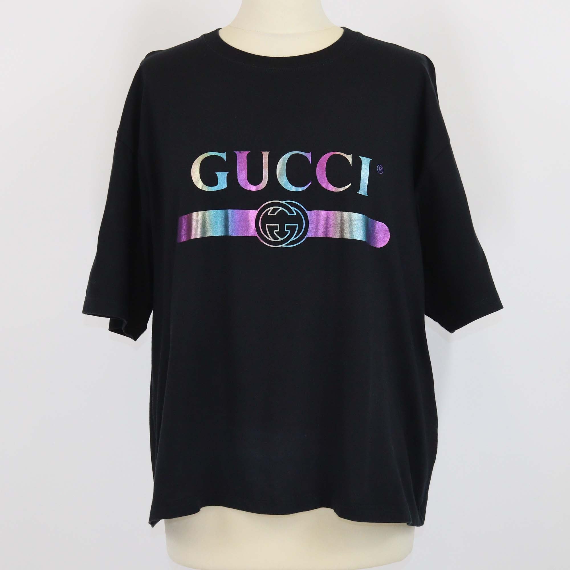 Gucci Black Cotton Metallic Logo Printed T Shirt