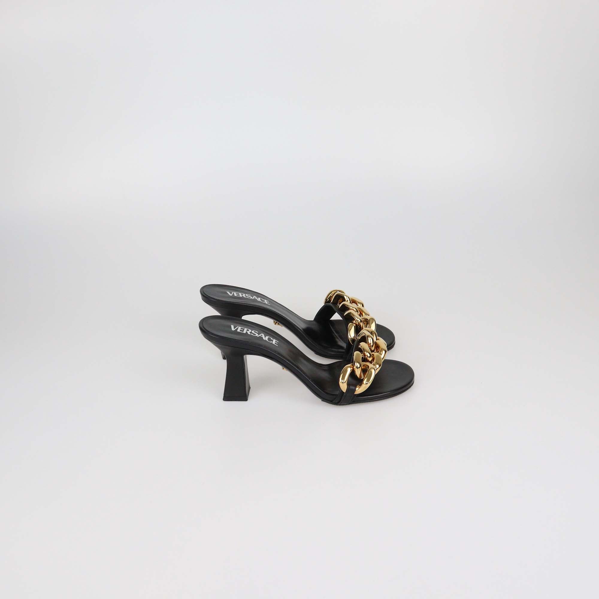 Versace Black Leather Medusa Chain Heel Sandals