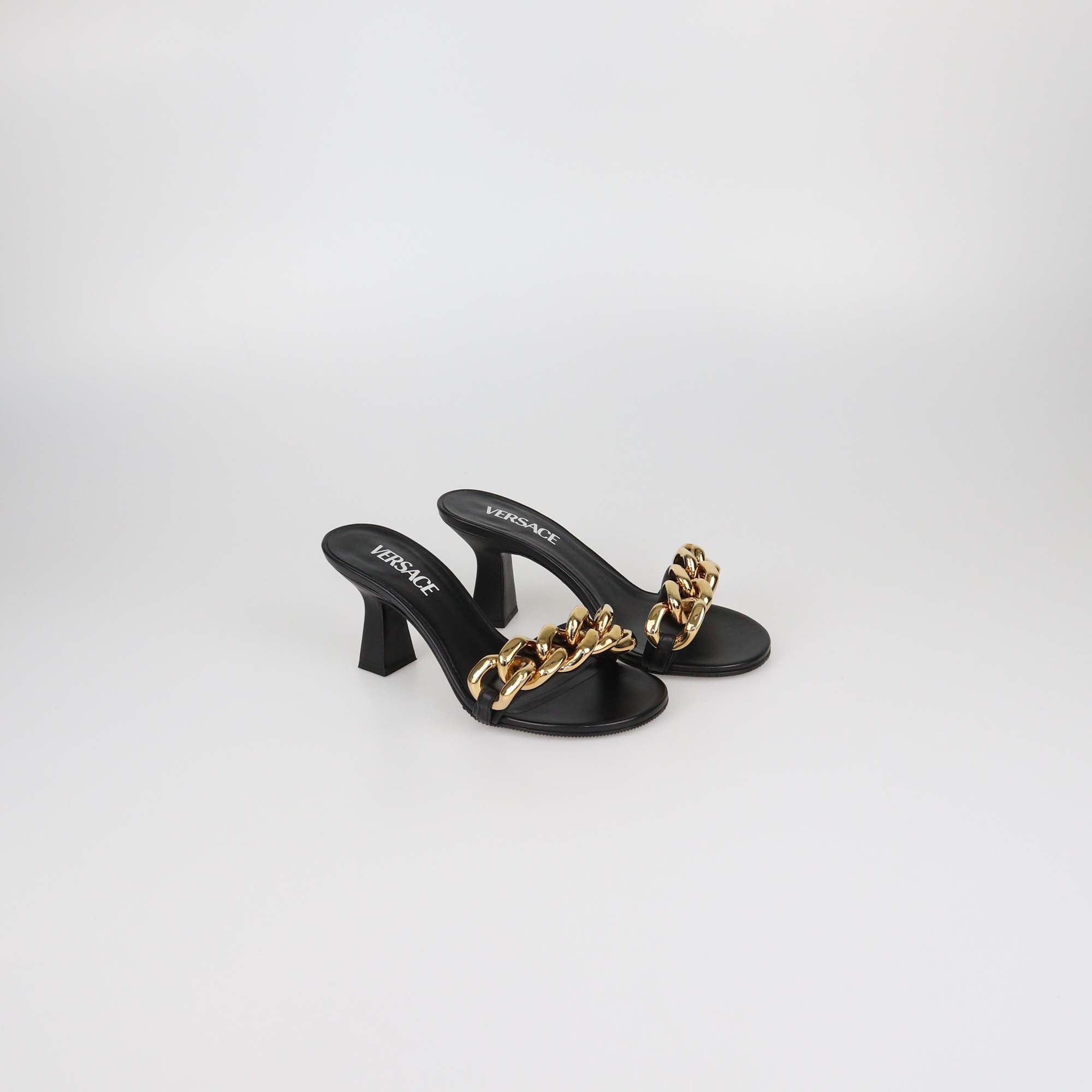 Versace Black Leather Medusa Chain Heel Sandals