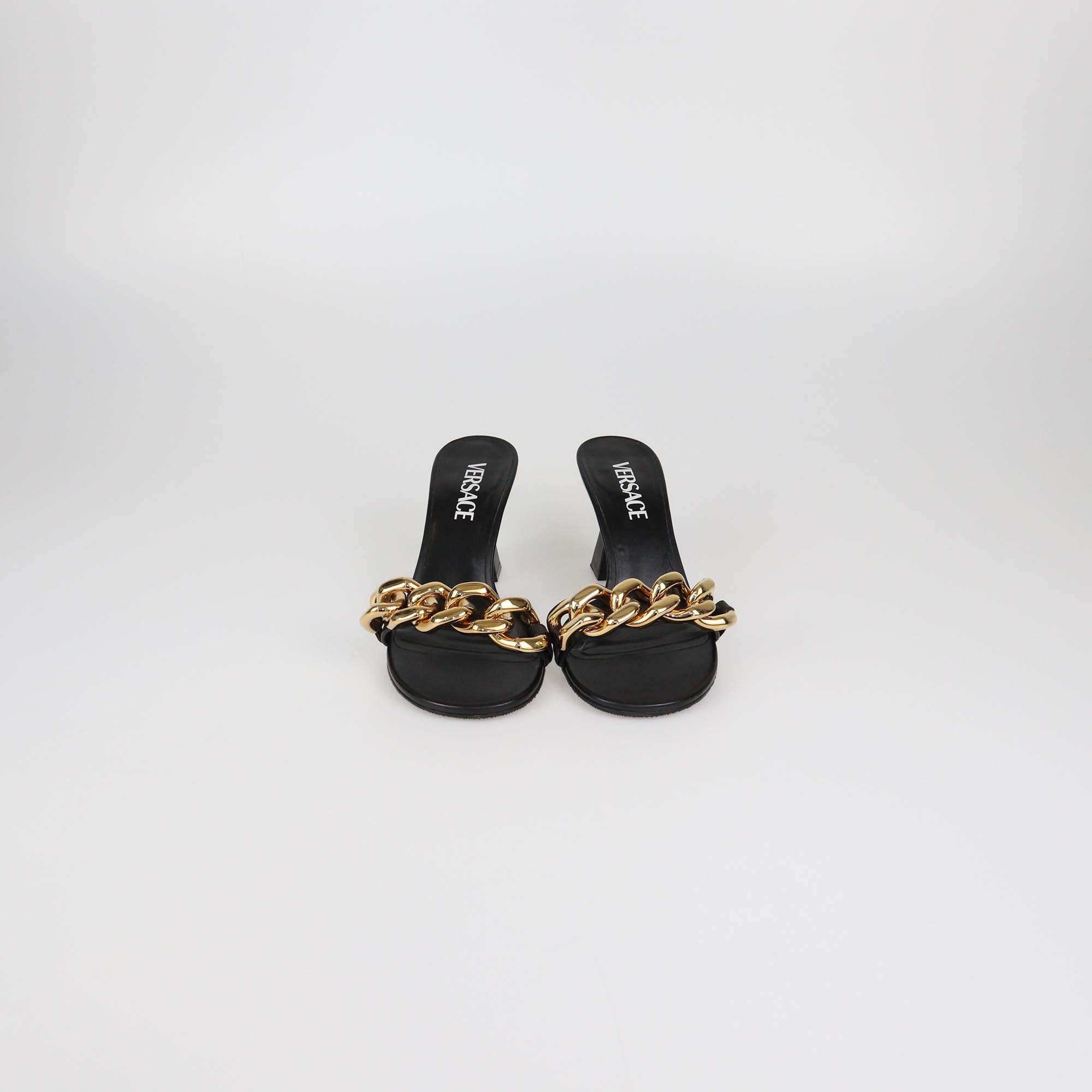 Versace Black Leather Medusa Chain Heel Sandals