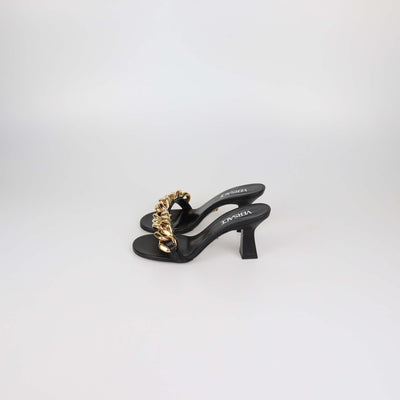 Versace Black Leather Medusa Chain Heel Sandals