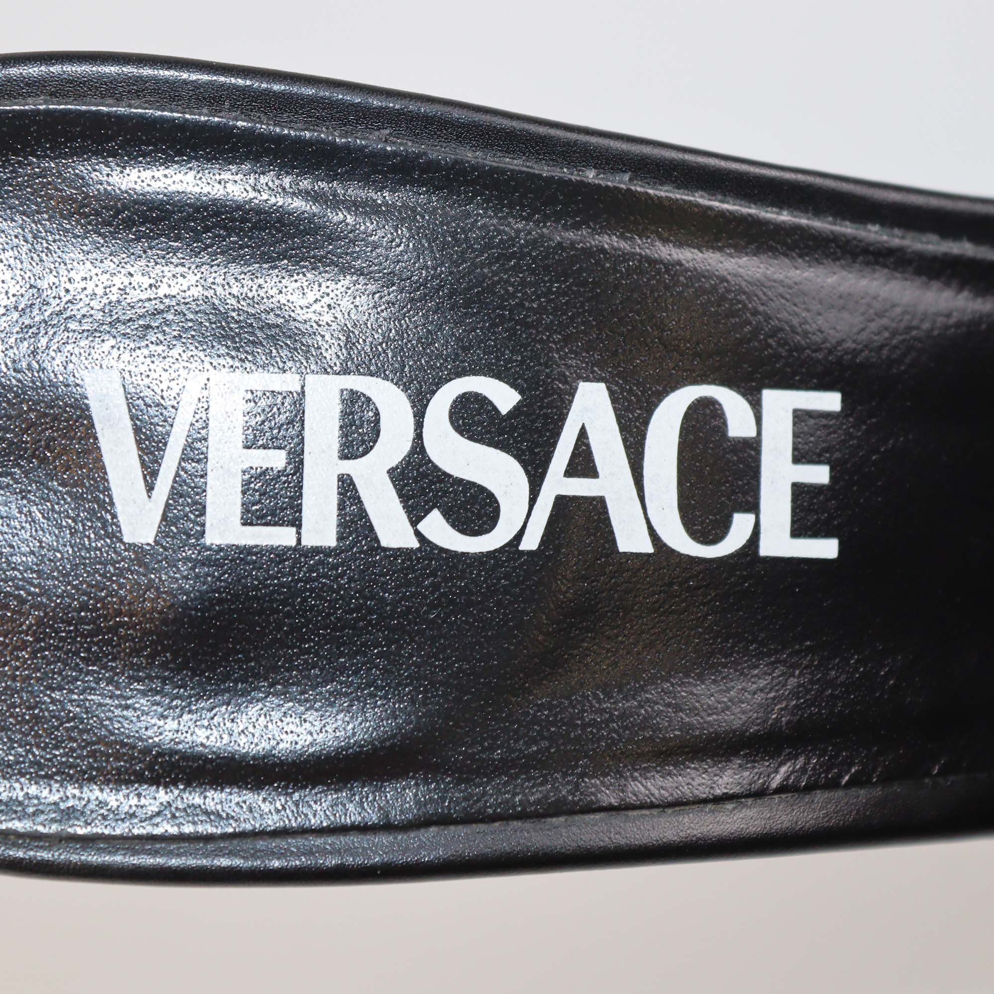 Versace Black Leather Medusa Chain Heel Sandals