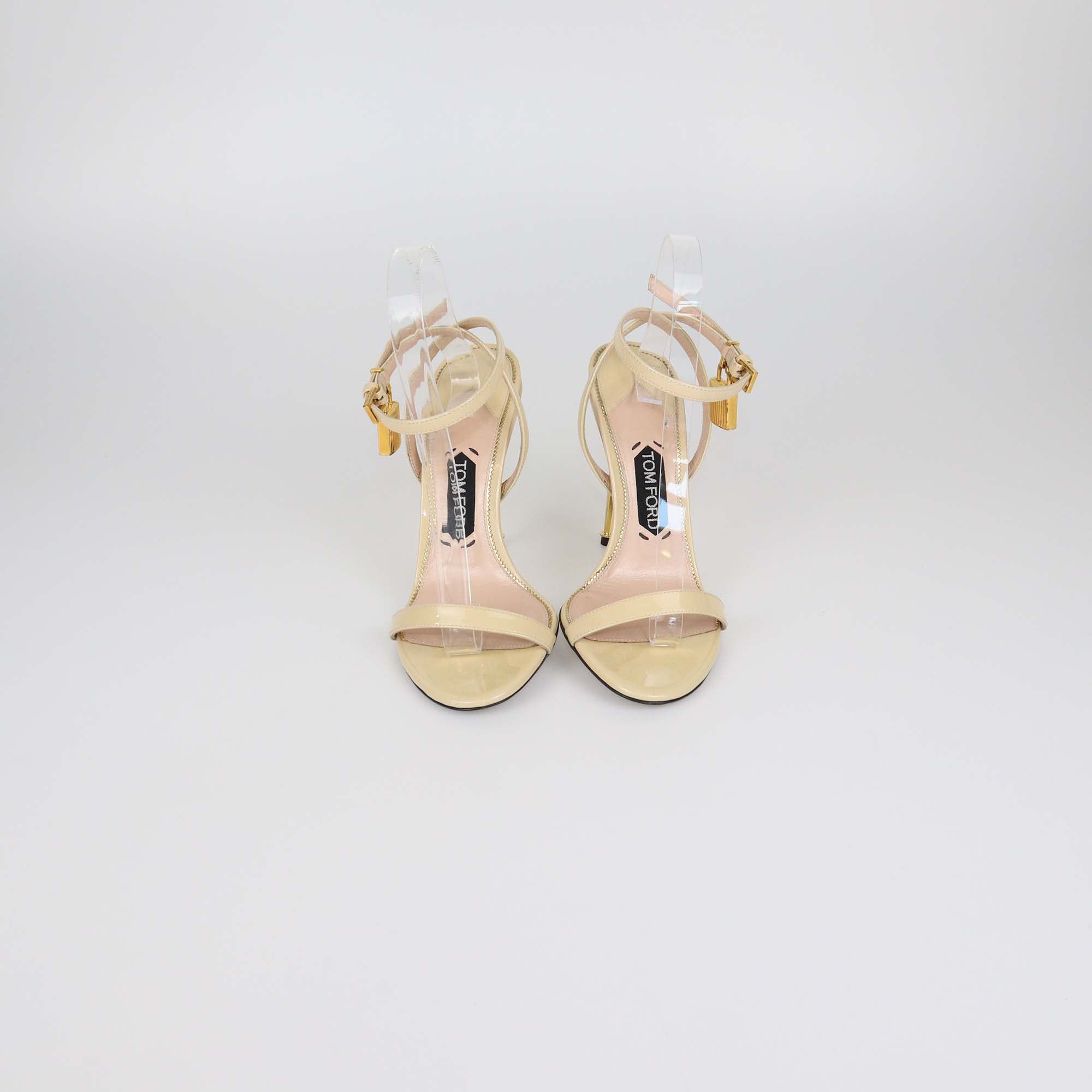 Tom Ford Cream Patent Leather Padlock Ankle Strap Sandals
