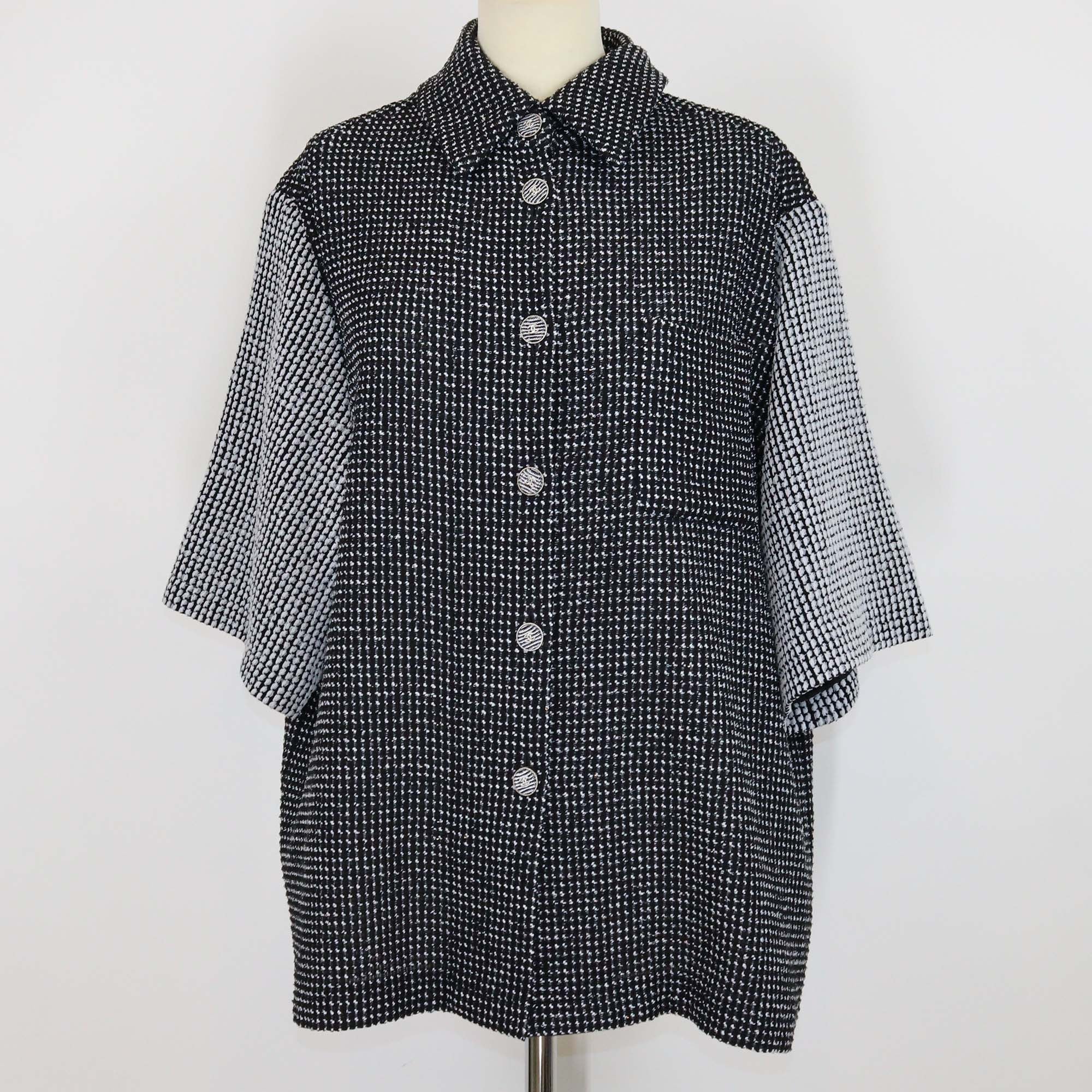 Chanel Black/White Tweed Houndstooth Print Three Quarter Sleeve Shirt
