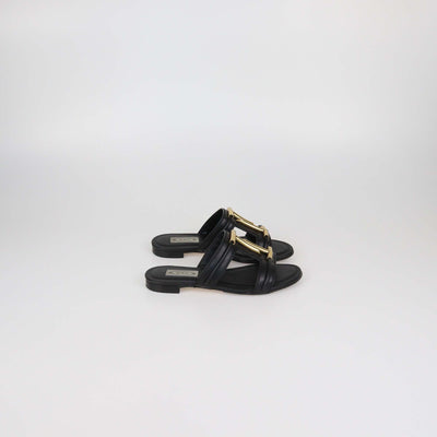 Tod's Black Leather Double-T Slide Flats