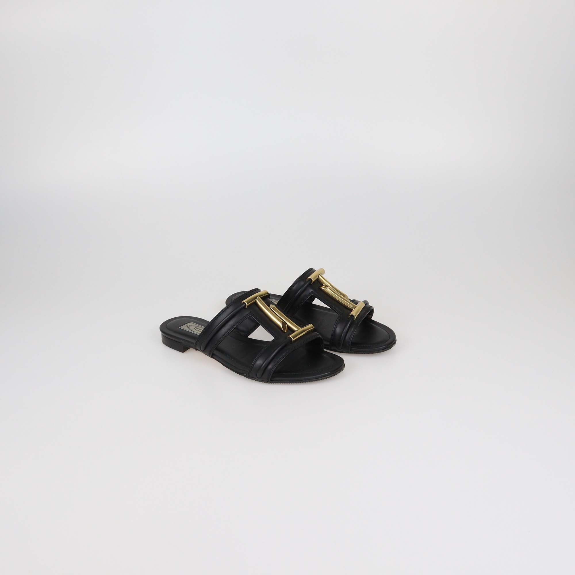 Tod's Black Leather Double-T Slide Flats