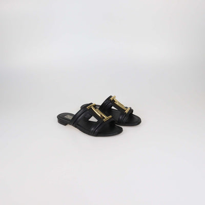 Tod's Black Leather Double-T Slide Flats