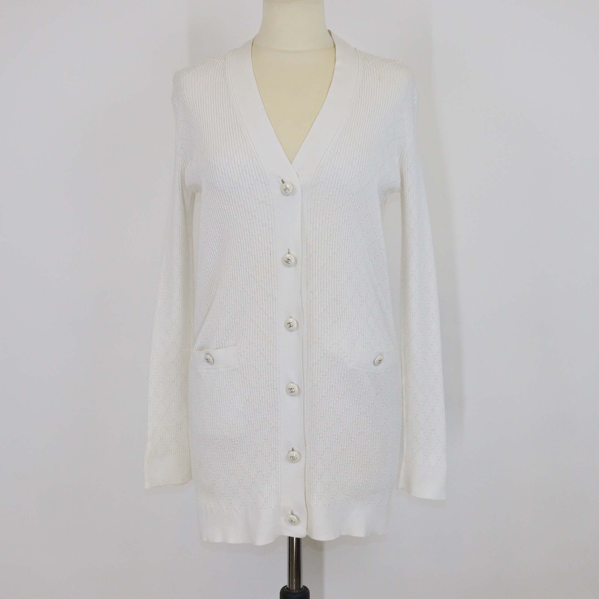 Chanel White Cotton Diamond Quilt CC Button Long Cardigan
