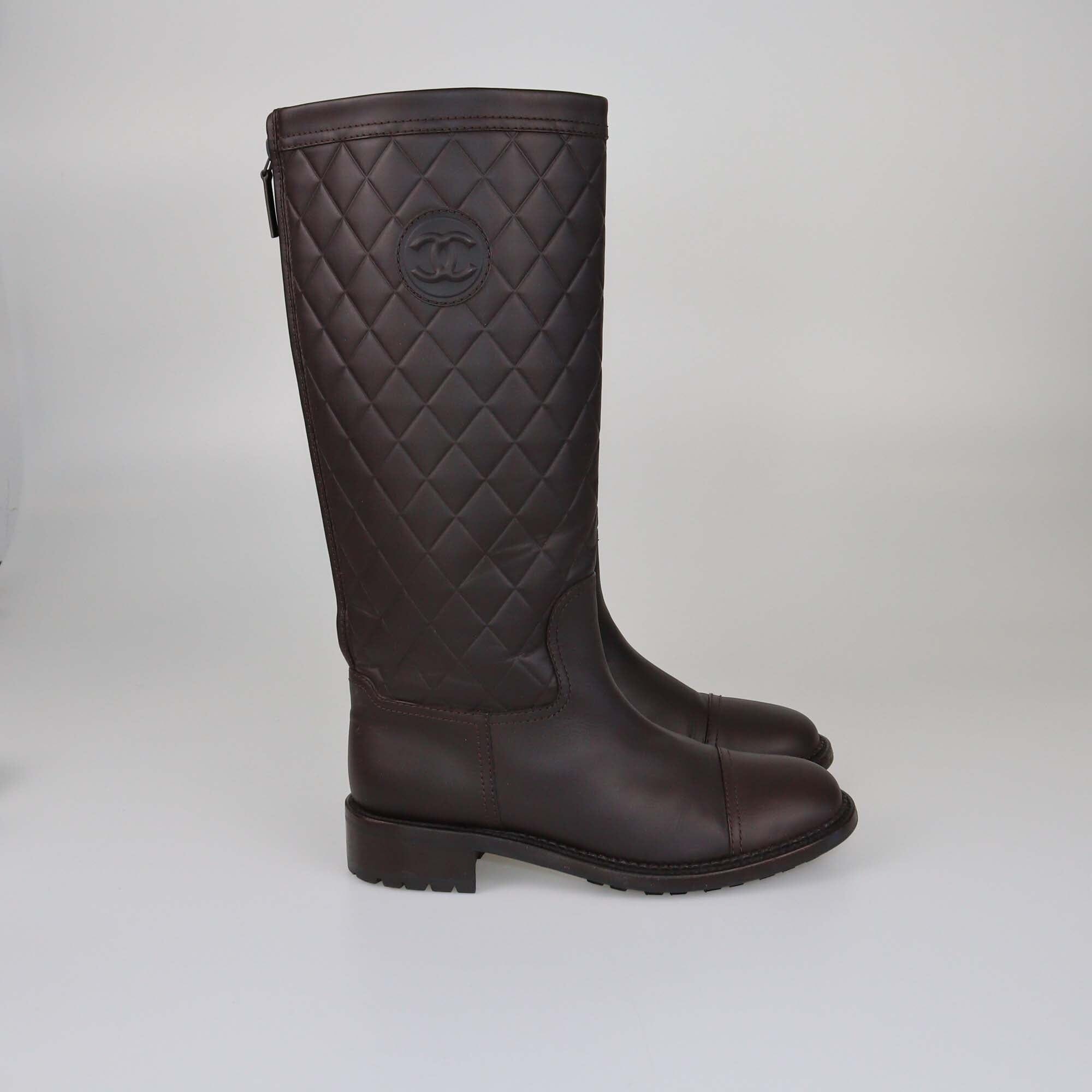 Chanel Dark Brown Quilted CC Calf Boots Womens Chanel 