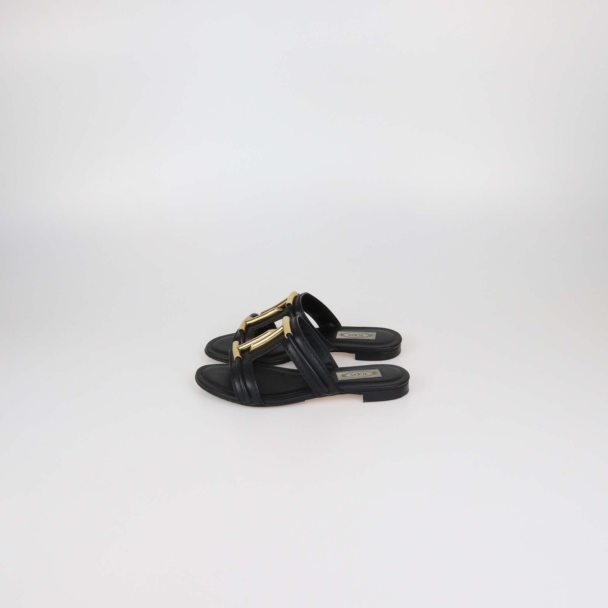 Tod's Black Leather Double-T Slide Flats