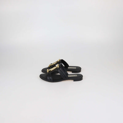 Tod's Black Leather Double-T Slide Flats