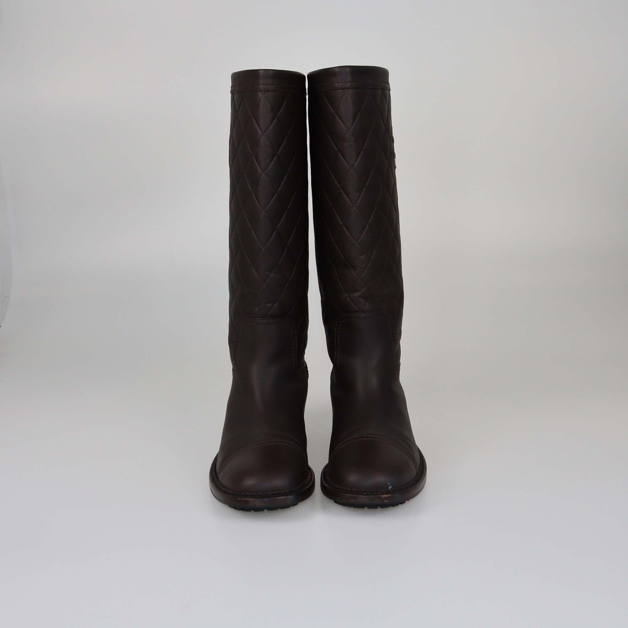 Chanel Dark Brown Quilted CC Calf Boots Womens Chanel 