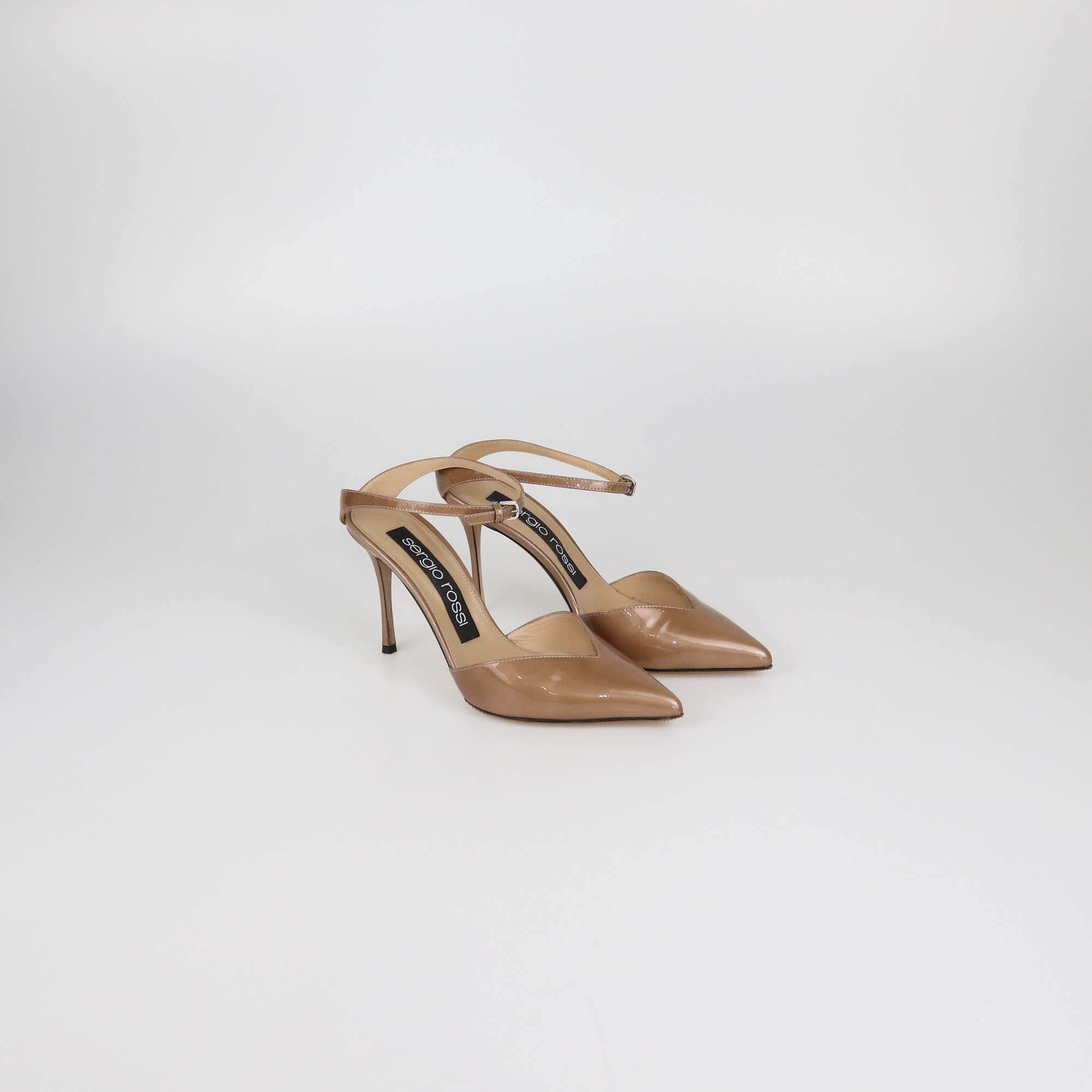 Sergio Rossi Metallic Beige Patent Leather Ankle Strap Pumps