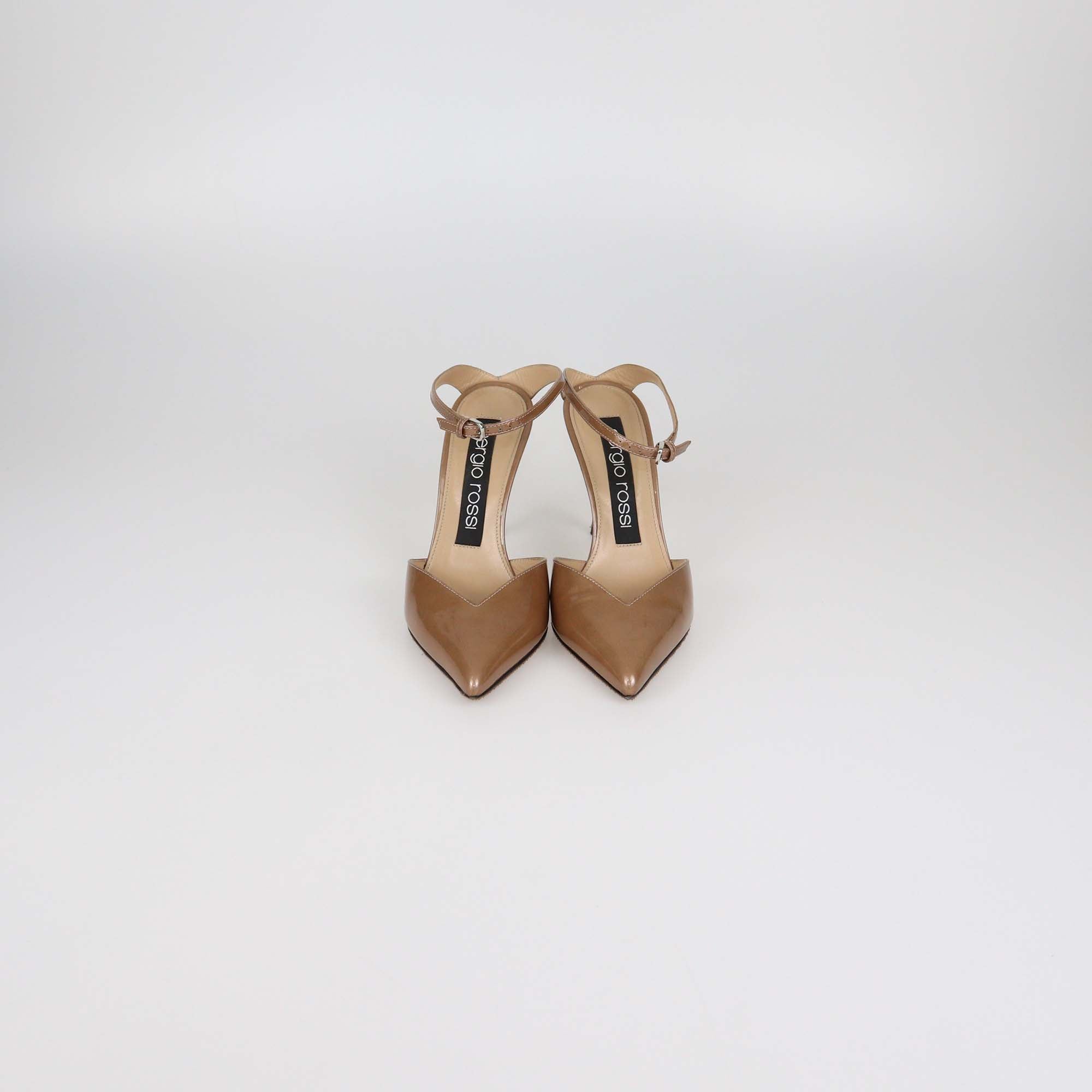 Sergio Rossi Metallic Beige Patent Leather Ankle Strap Pumps