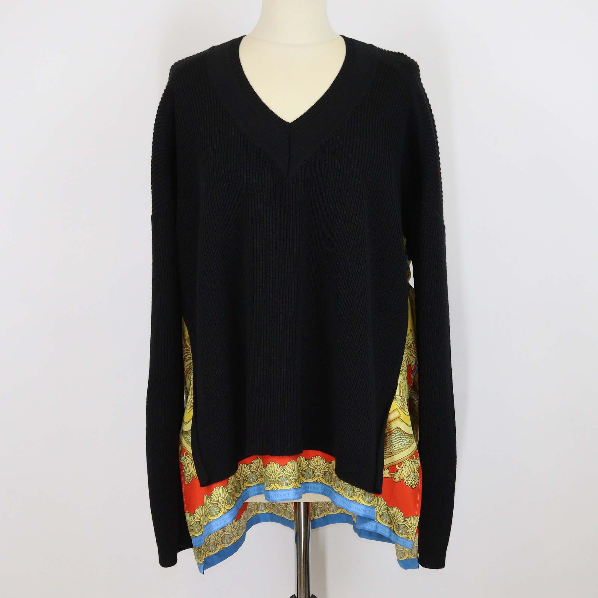 Versace Black/Multicolor Wool & Silk Goddess Foulard V Neck Jumper