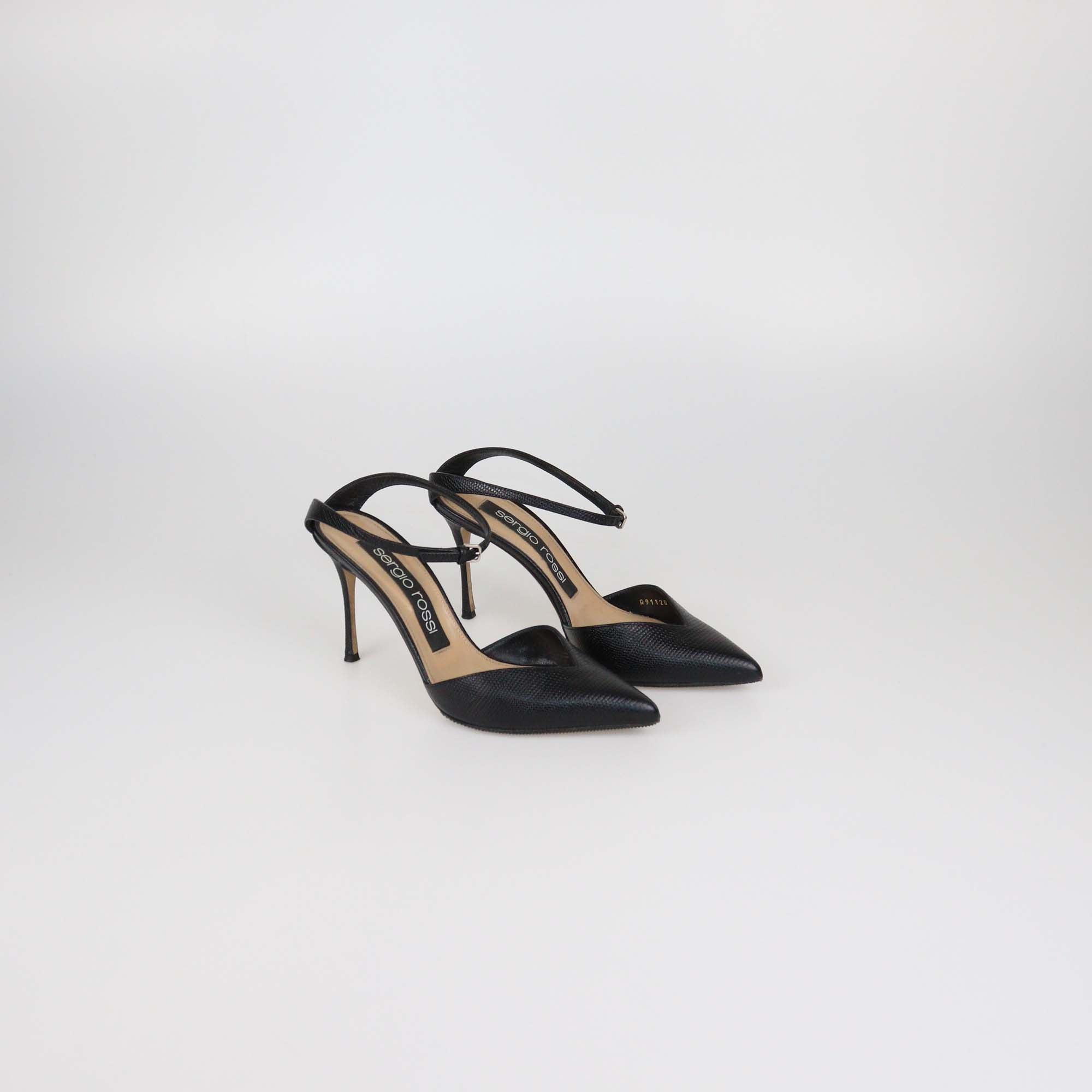 Sergio Rossi Black Lizard Embossed Leather Ankle Strap Pumps
