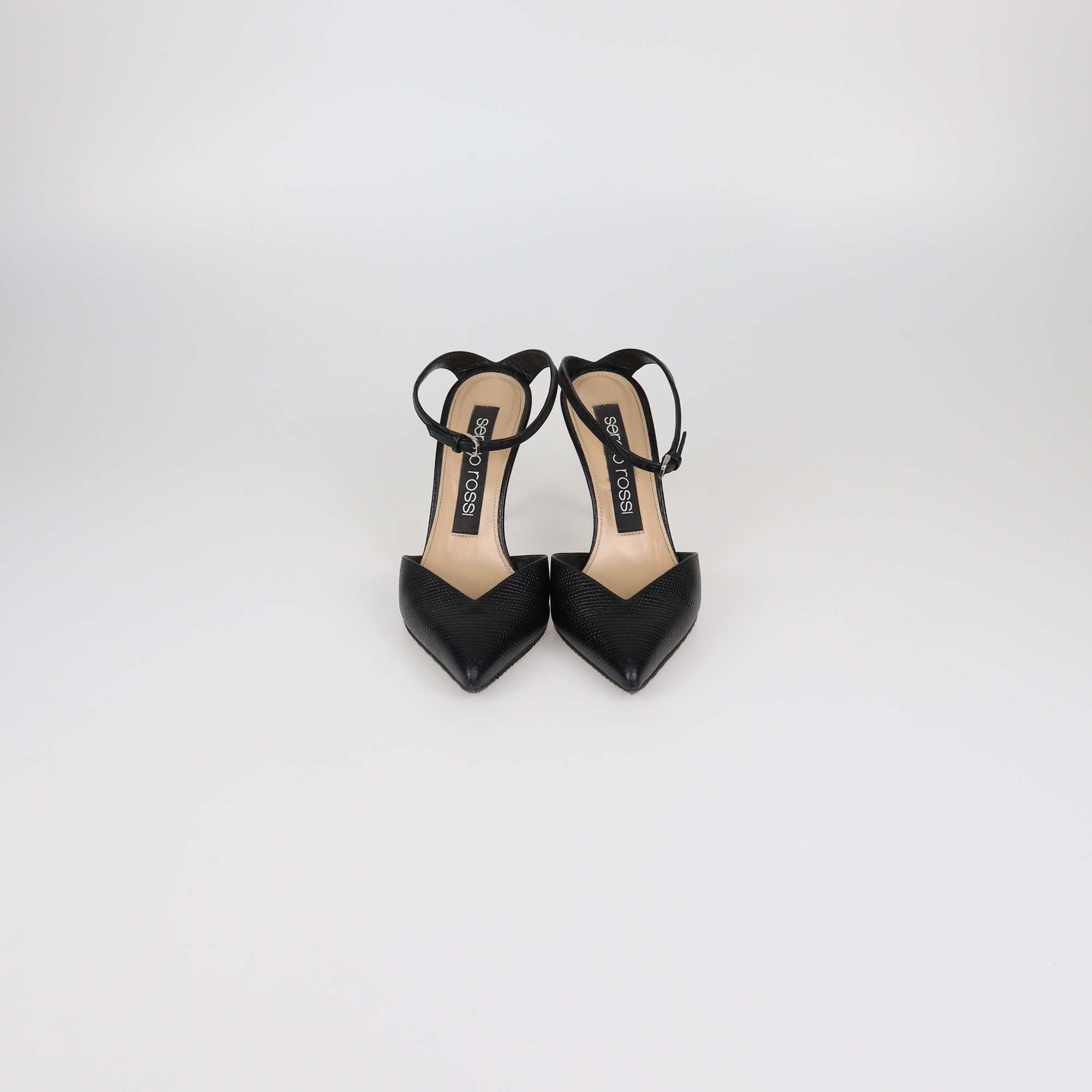 Sergio Rossi Black Lizard Embossed Leather Ankle Strap Pumps