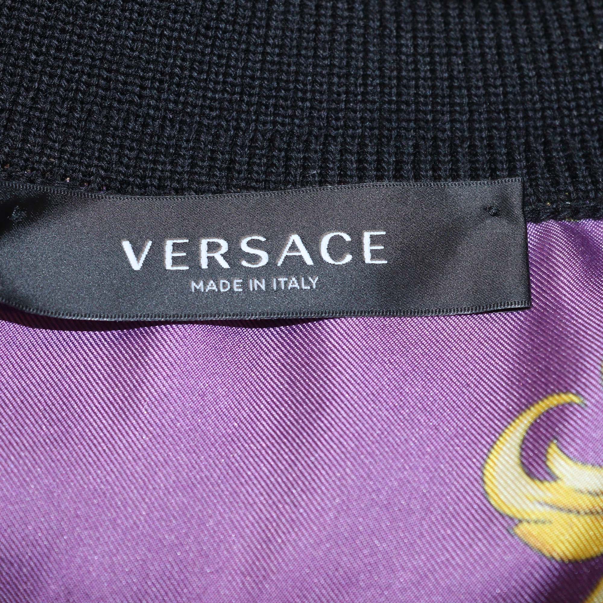 Versace Black/Multicolor Wool & Silk Goddess Foulard V Neck Jumper