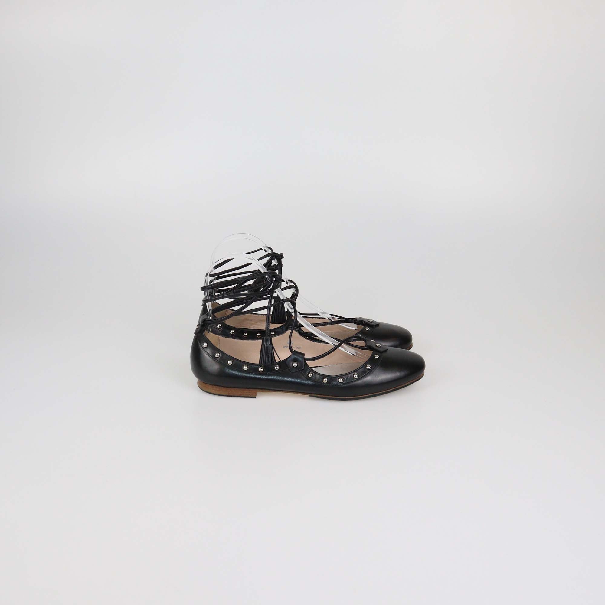 Tod's Black Leather Studded Lace Up Ballet Flats