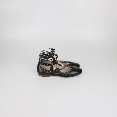 Tod's Black Leather Studded Lace Up Ballet Flats