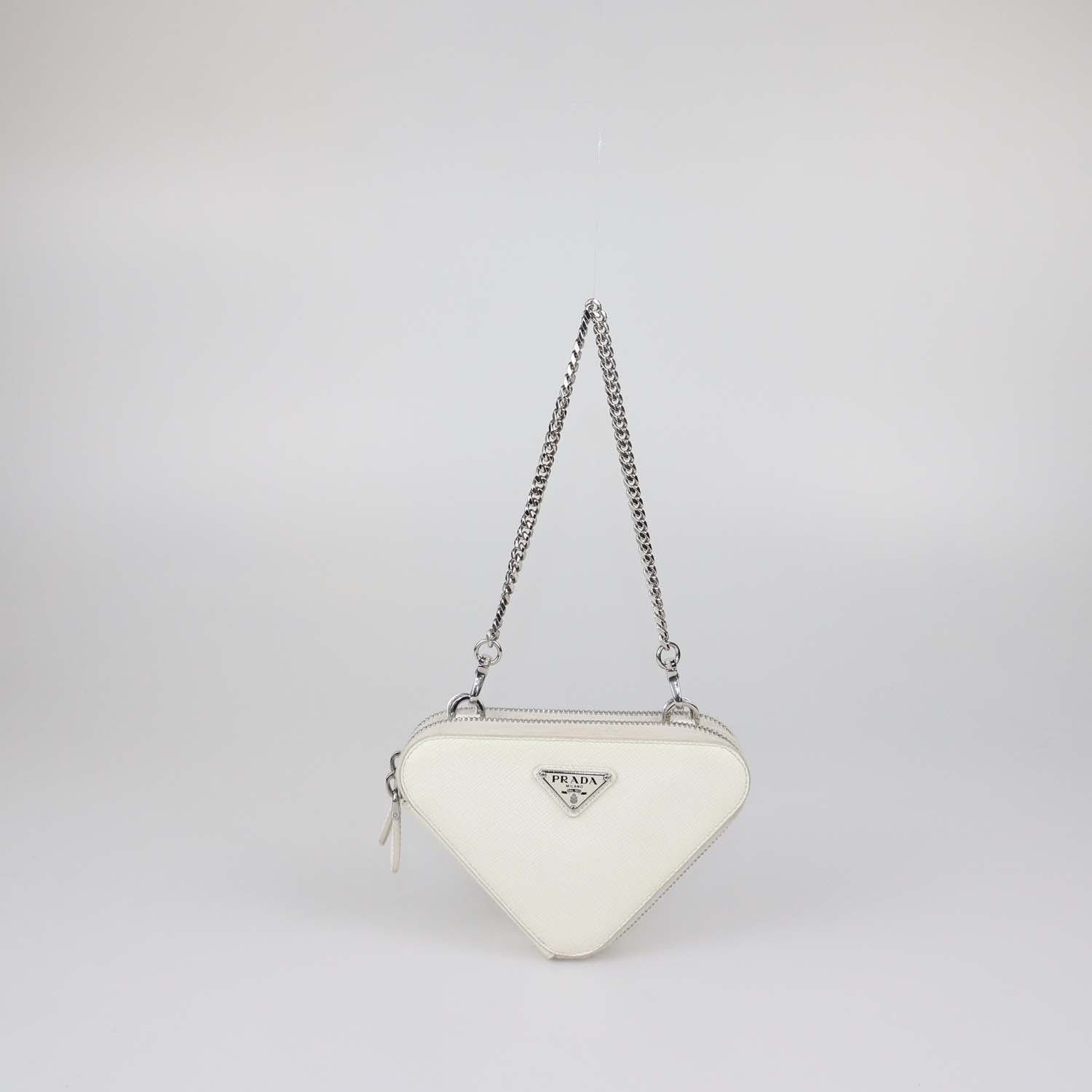 Prada White Saffiano Leather Mini Double Triangle Crossbody Bag