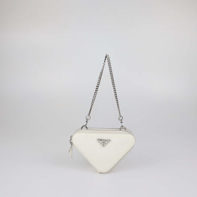 Prada White Saffiano Leather Mini Double Triangle Crossbody Bag