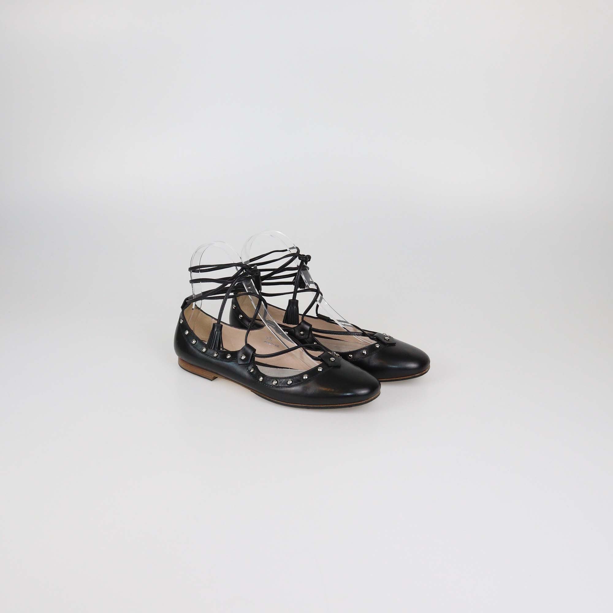 Tod's Black Leather Studded Lace Up Ballet Flats