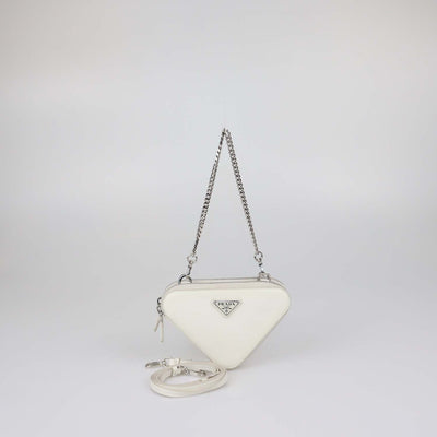 Prada White Saffiano Leather Mini Double Triangle Crossbody Bag