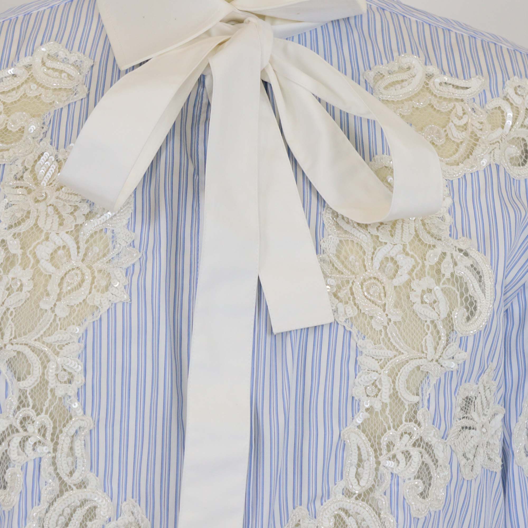 Valentino Blue/White Cotton Striped Lace & Sequins Detail Long Sleeve Shirt