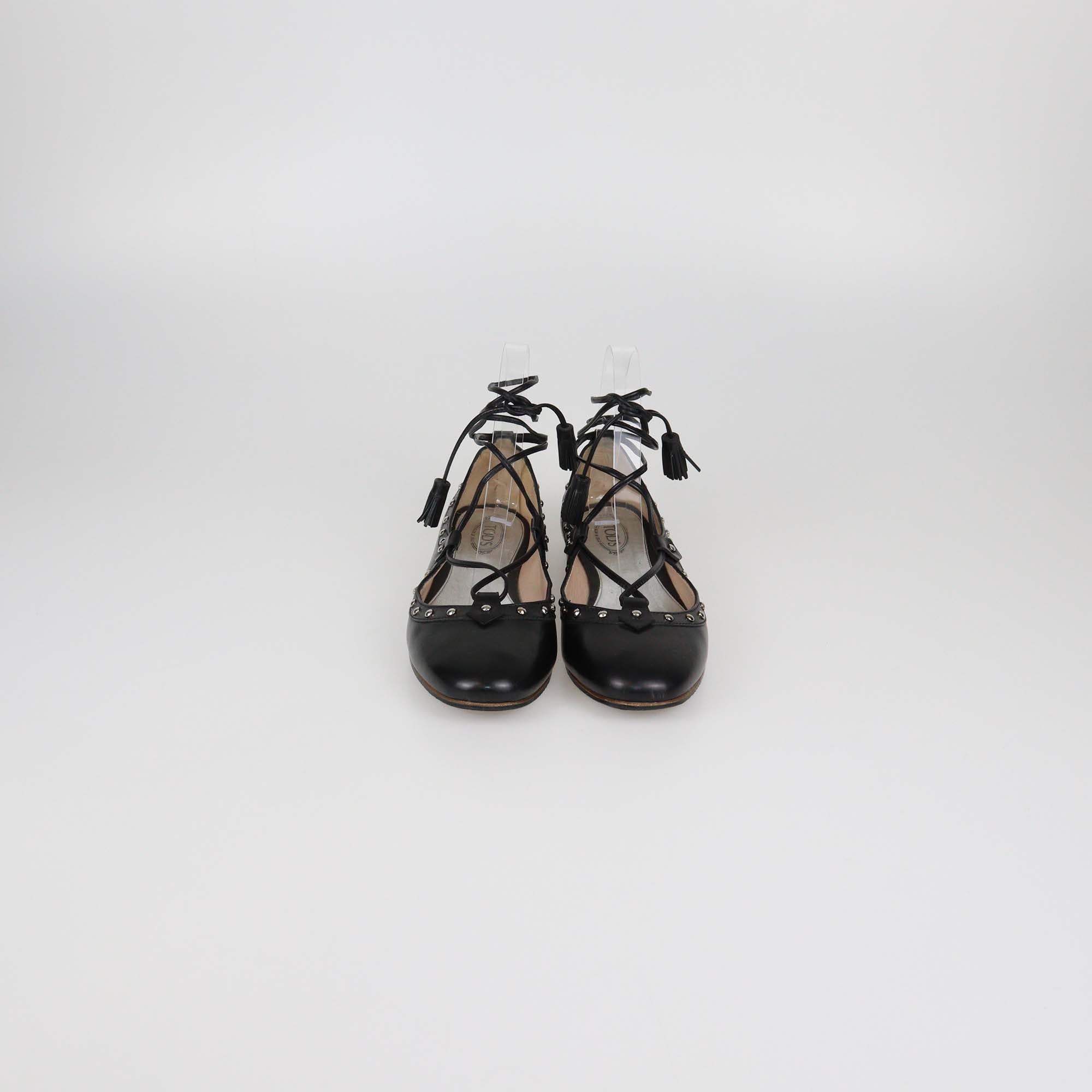 Tod's Black Leather Studded Lace Up Ballet Flats