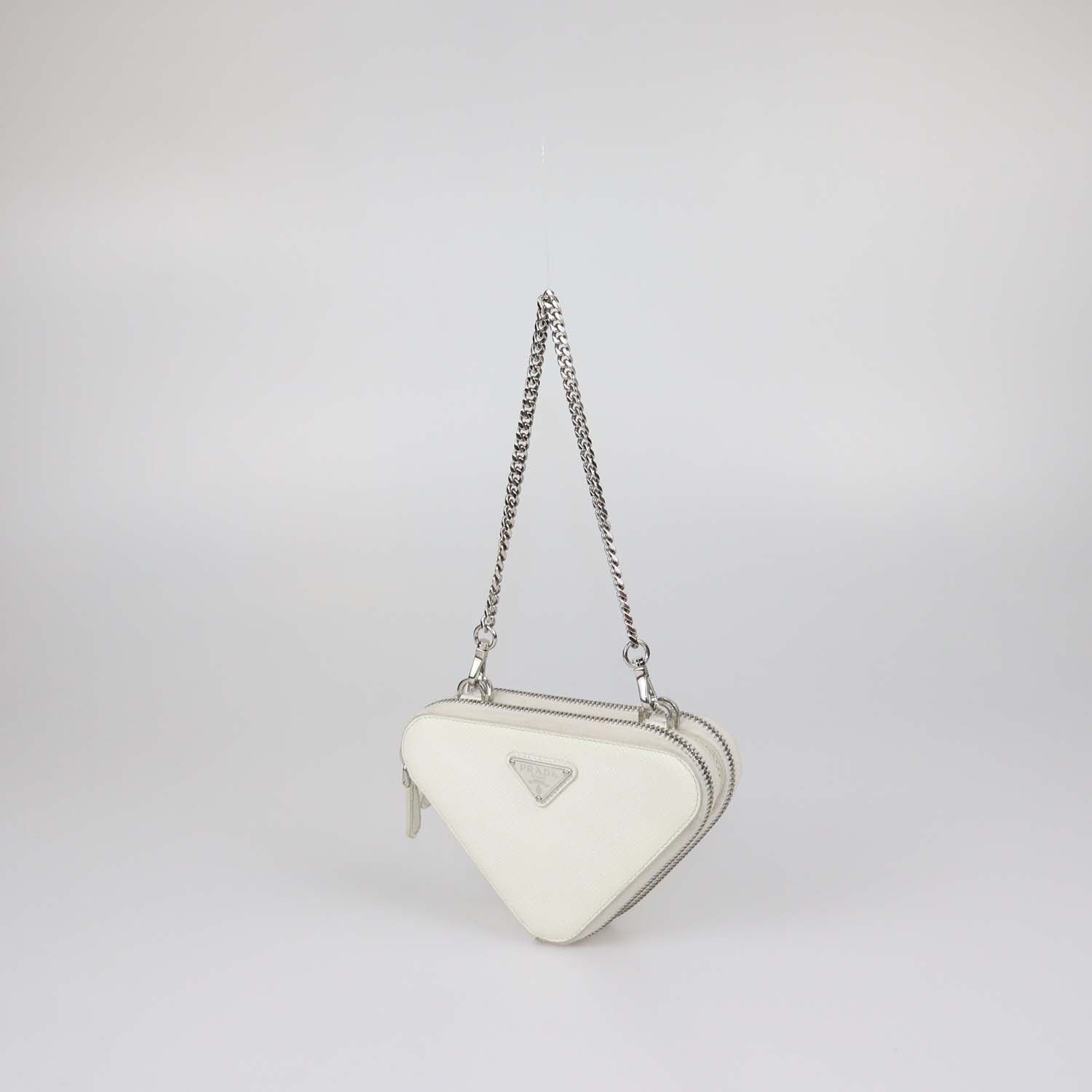 Prada White Saffiano Leather Mini Double Triangle Crossbody Bag
