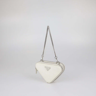 Prada White Saffiano Leather Mini Double Triangle Crossbody Bag