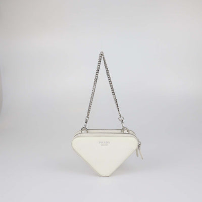 Prada White Saffiano Leather Mini Double Triangle Crossbody Bag