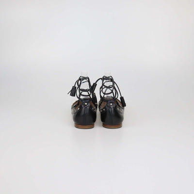 Tod's Black Leather Studded Lace Up Ballet Flats