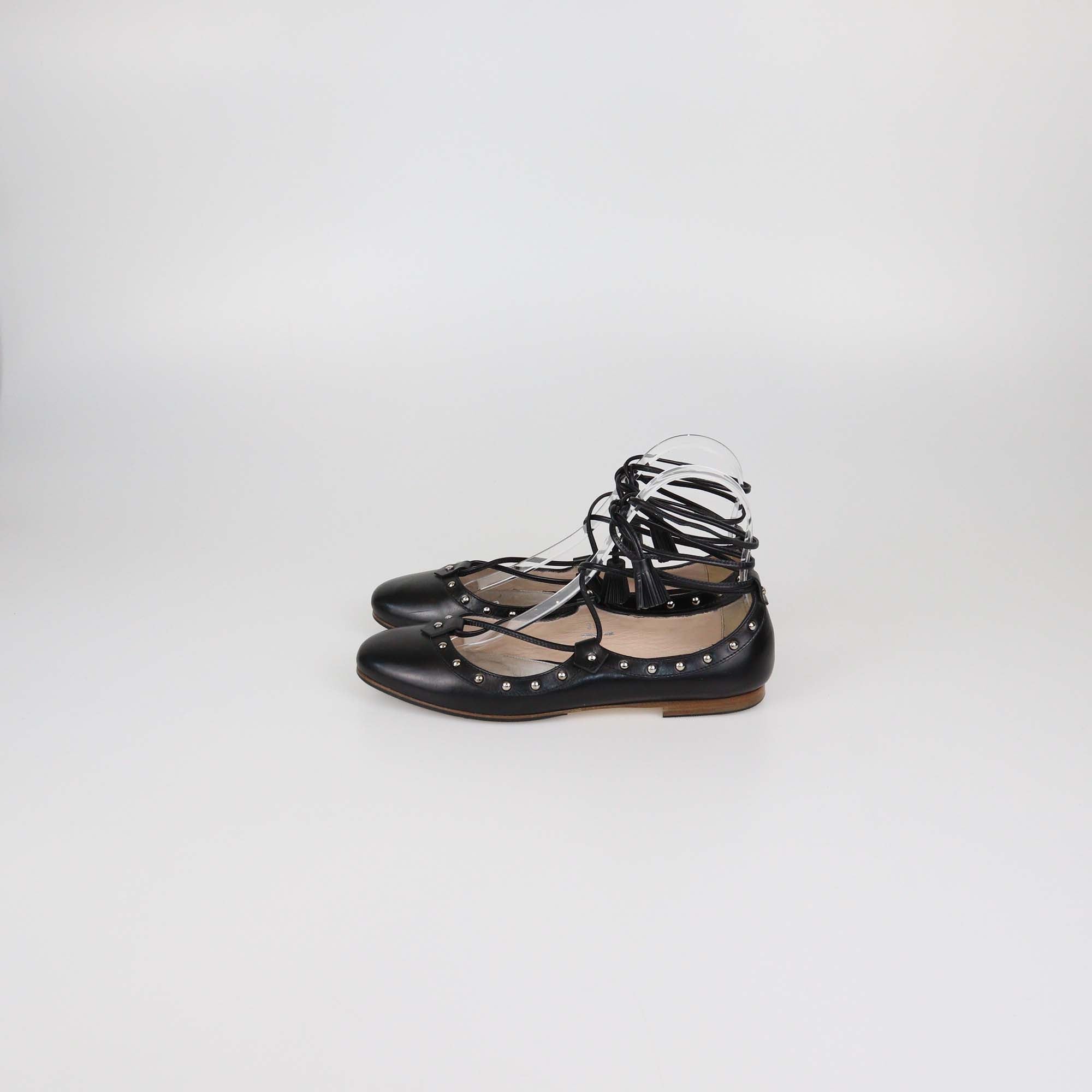 Tod's Black Leather Studded Lace Up Ballet Flats