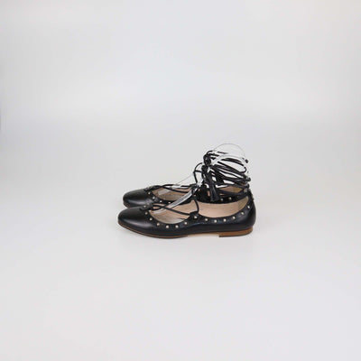 Tod's Black Leather Studded Lace Up Ballet Flats