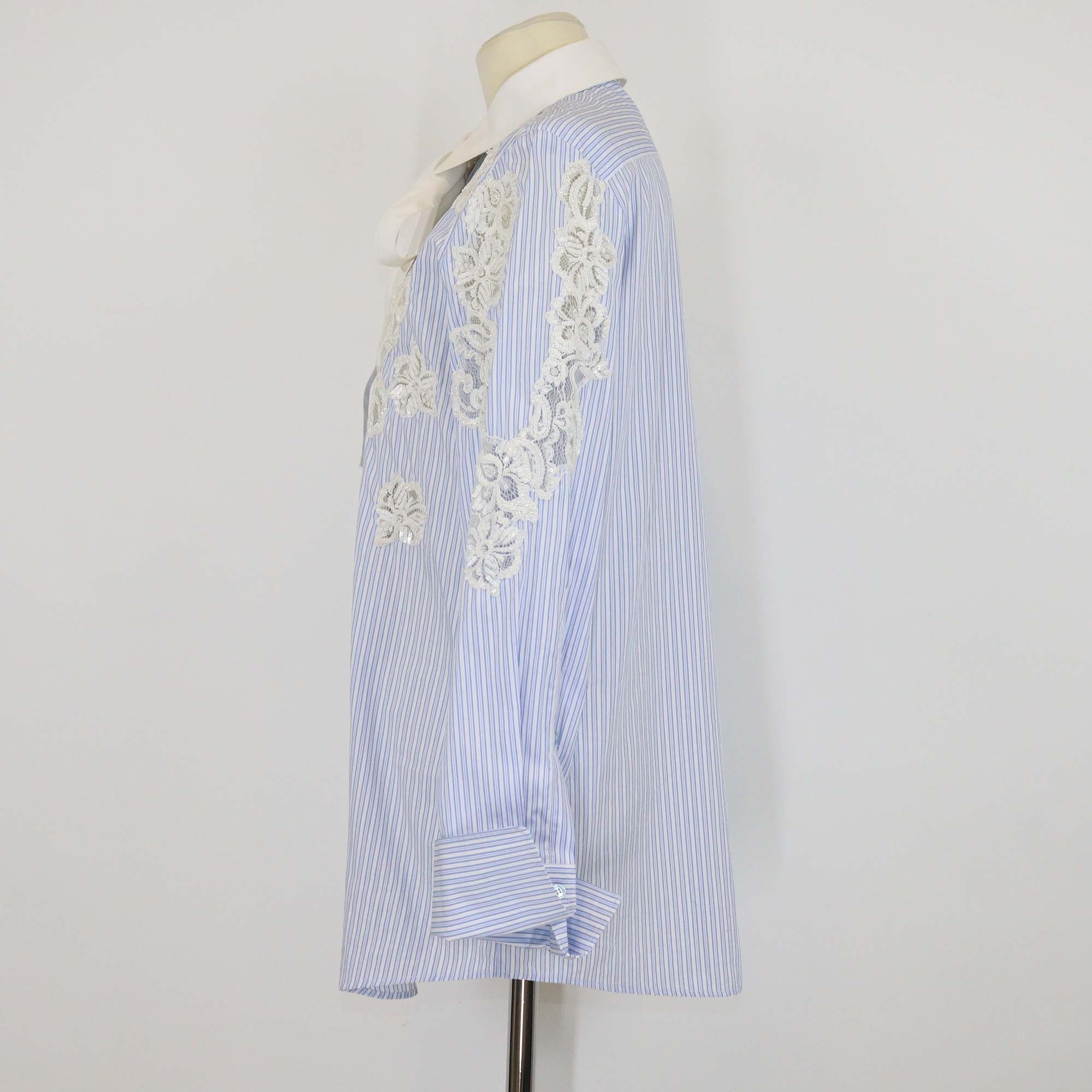 Valentino Blue/White Cotton Striped Lace & Sequins Detail Long Sleeve Shirt