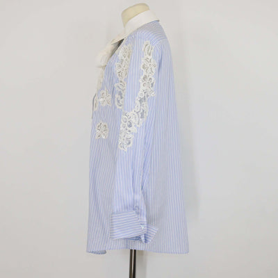 Valentino Blue/White Cotton Striped Lace & Sequins Detail Long Sleeve Shirt