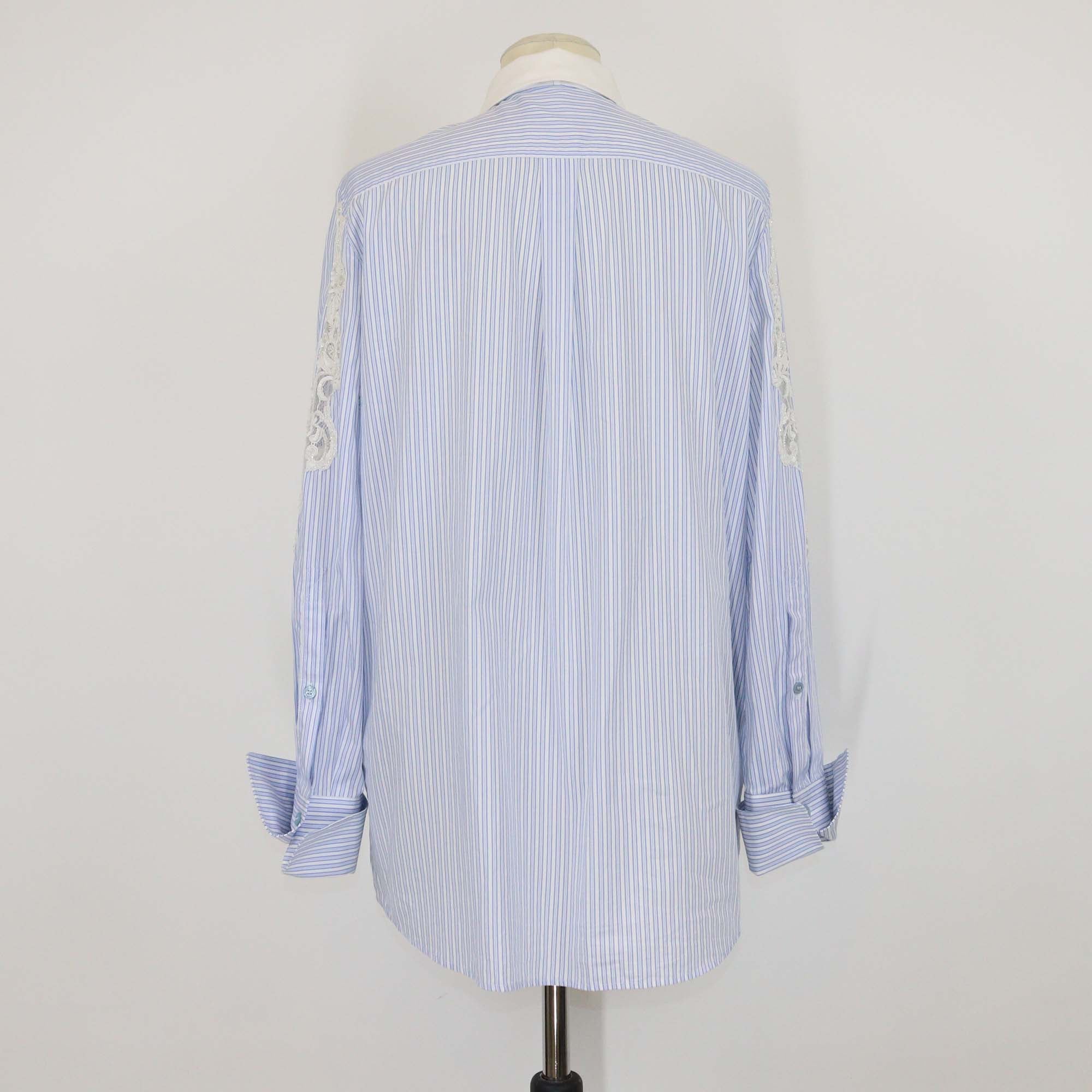 Valentino Blue/White Cotton Striped Lace & Sequins Detail Long Sleeve Shirt