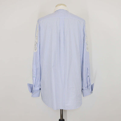 Valentino Blue/White Cotton Striped Lace & Sequins Detail Long Sleeve Shirt
