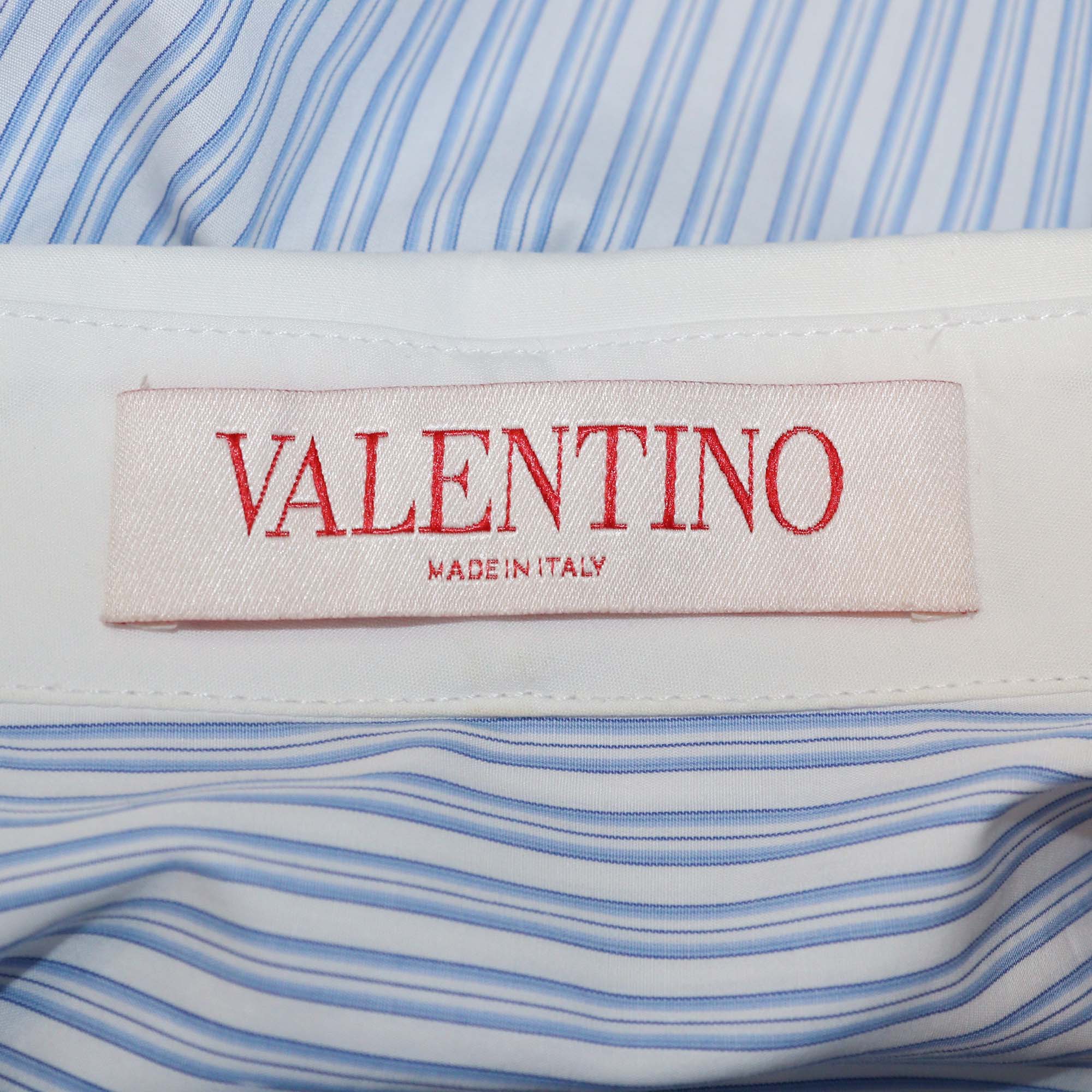Valentino Blue/White Cotton Striped Lace & Sequins Detail Long Sleeve Shirt