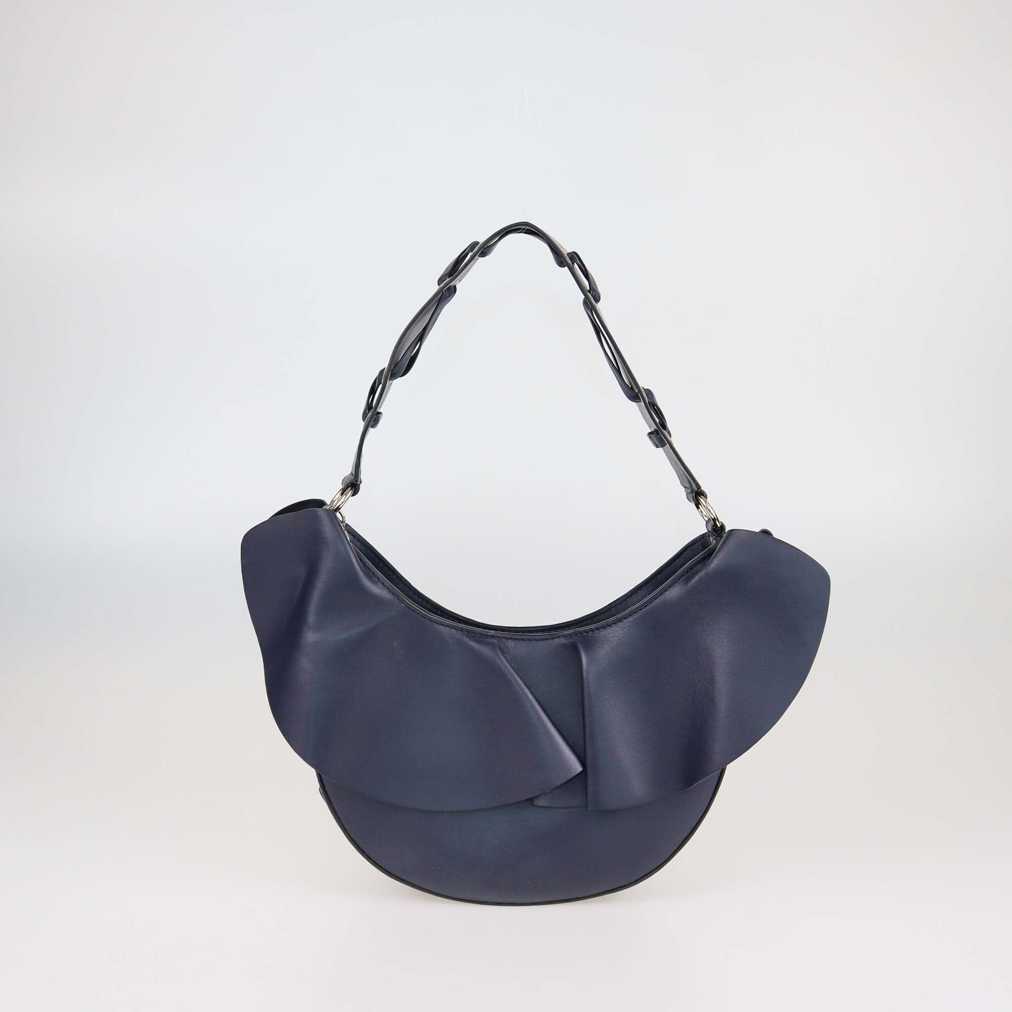 RED Valentino Navy Blue Leather Detailed Raffled Hobo Womens Red Valentino 